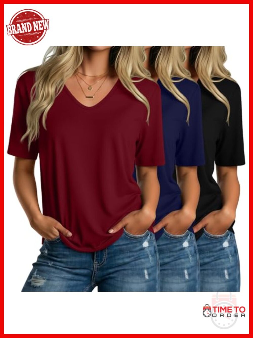 3 Pack V Neck Half Sleeve T Shirts Lightweight Loose Fit Curved Hem Tops Summer